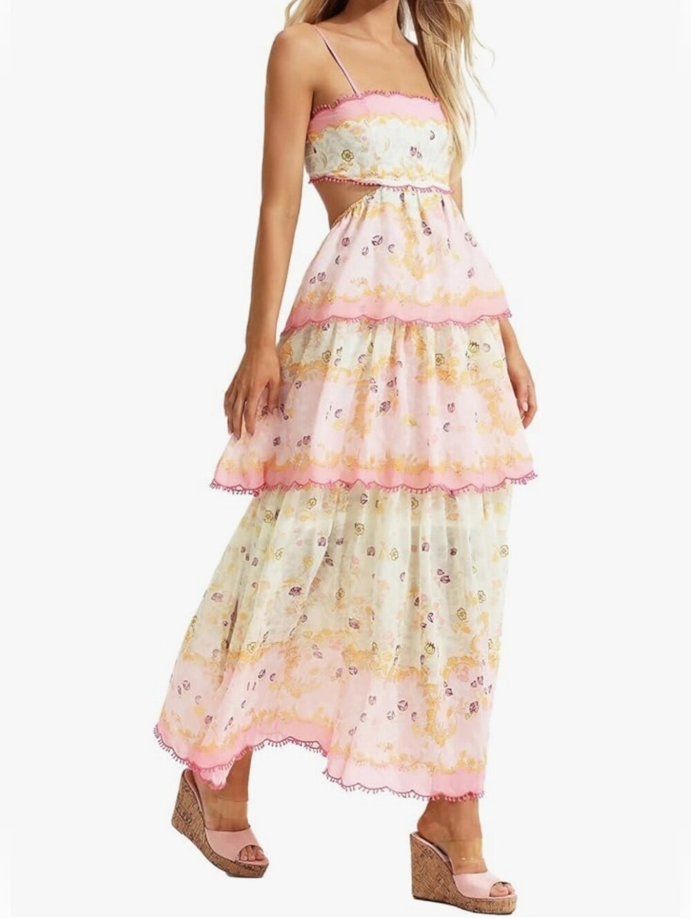 Jardinvue Laurel Frill Floral Tiered Dress In Pink Cream Maxi Dress Size 8